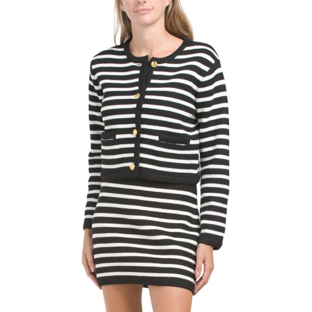 ENGLISH FACTORY Black/Ivory Stripe Gold Button Sweater Knit Cardigan